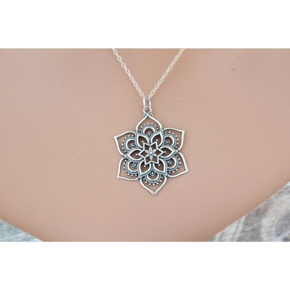 Sterling Silver Openwork Lotus Pendant Necklace - Picture 4 of 4